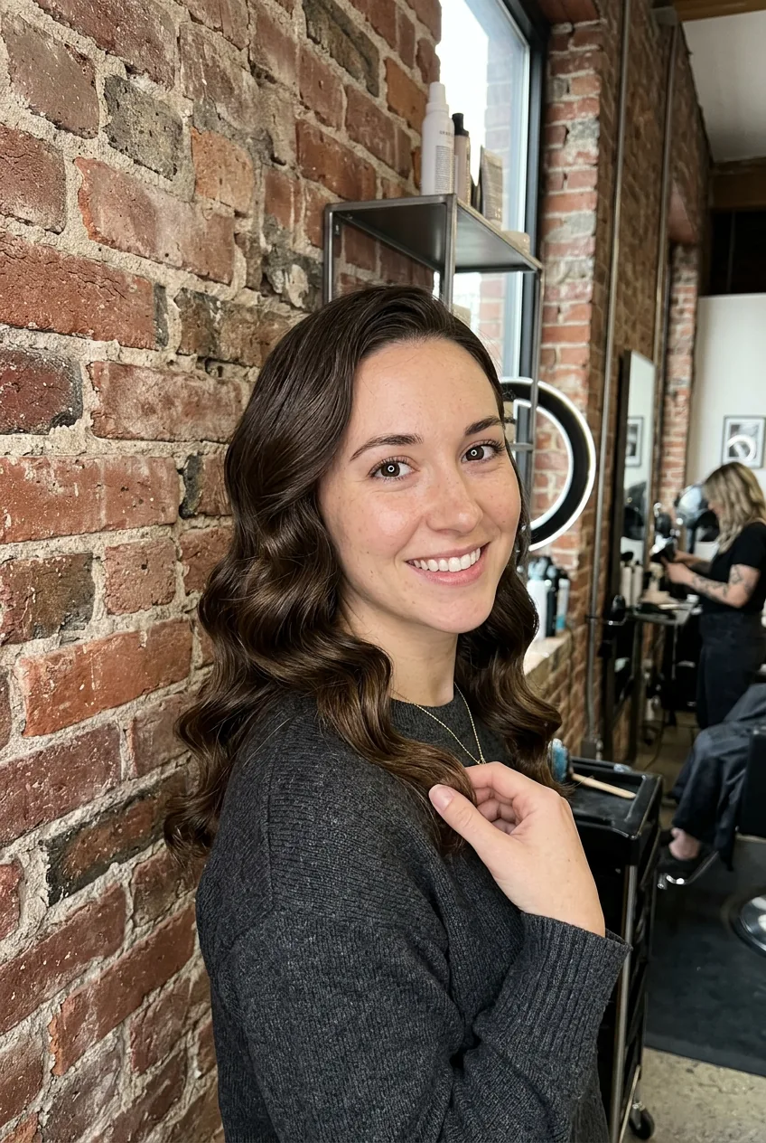 Woman with structured Hollywood glamour waves styled in a polished vintage-inspired look