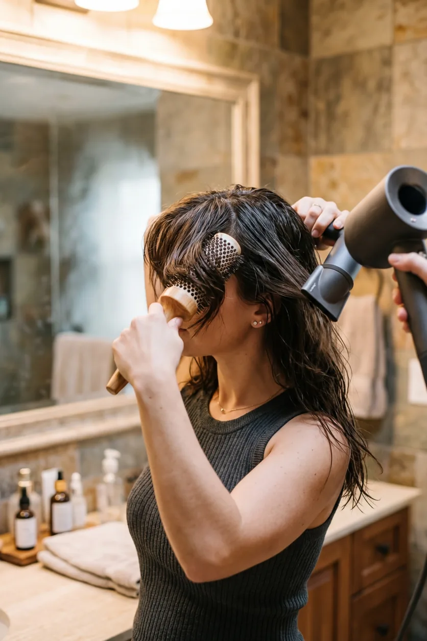 Woman styling freshly cut curtain bangs with round brush and blow dryer showing natural curtain effect