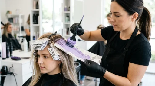 Professional hair stylist applying purple-tinted pastel dye with brush onto foil-wrapped hair sections in bright salon