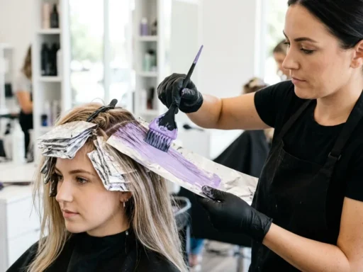 Professional hair stylist applying purple-tinted pastel dye with brush onto foil-wrapped hair sections in bright salon