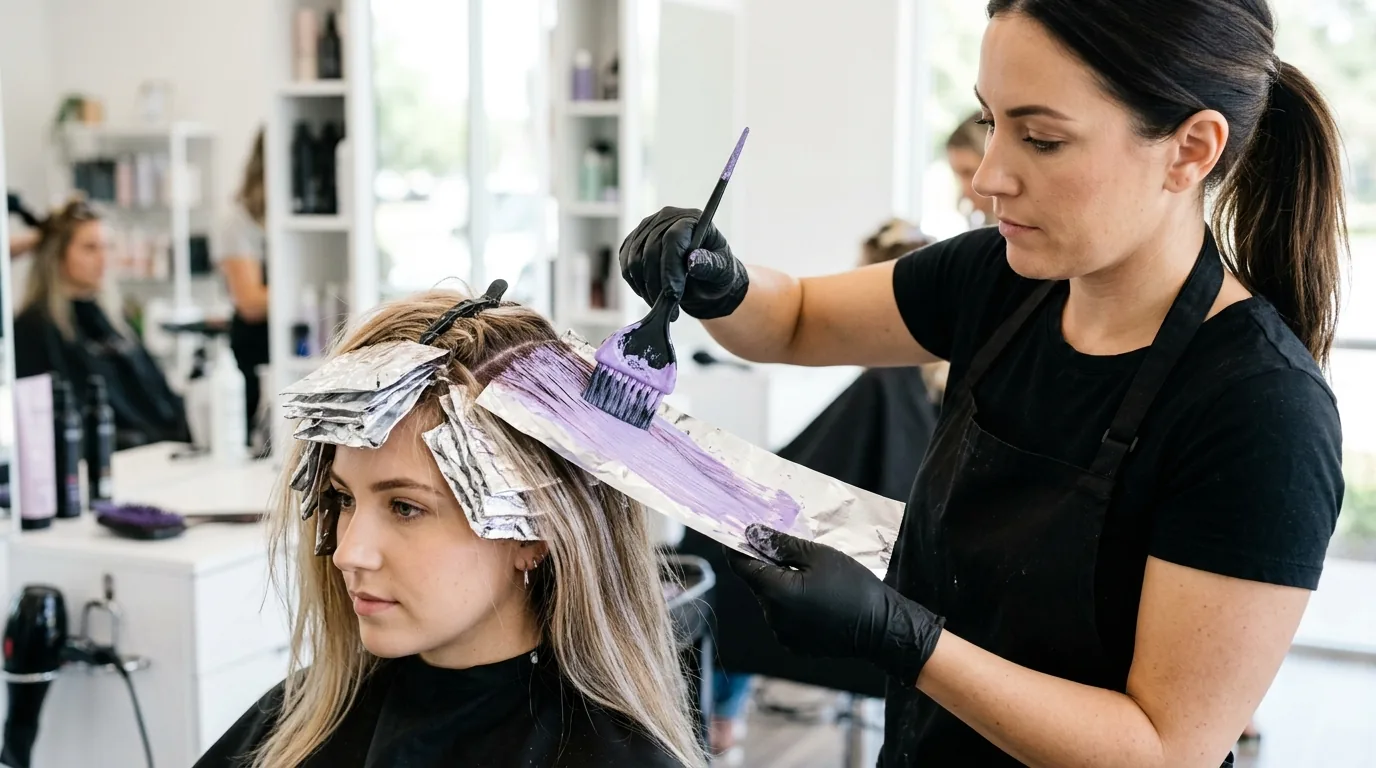 Professional hair stylist applying purple-tinted pastel dye with brush onto foil-wrapped hair sections in bright salon