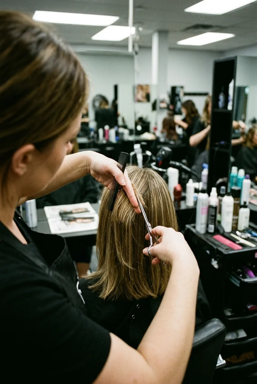 Professional hairdresser using scissors to cut long bob layers on fine hair showing precise technique