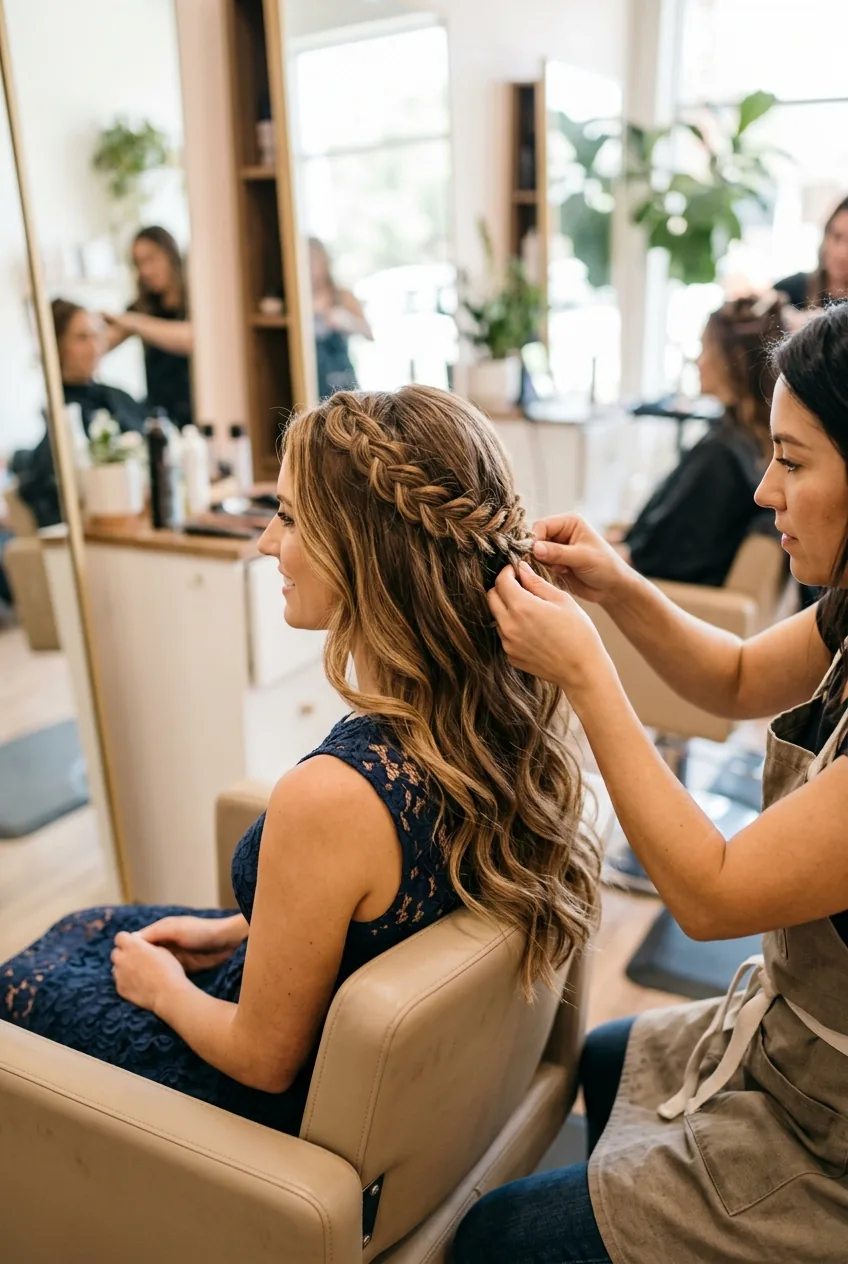 Subtle braided crown with delicate braids across crown and loose wavy hair for boho wedding guest style