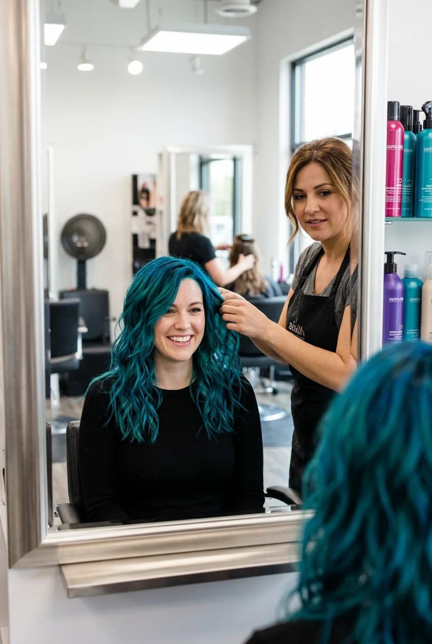 Woman with vibrant teal blue hair looking at transformation results in salon mirror with colorist
