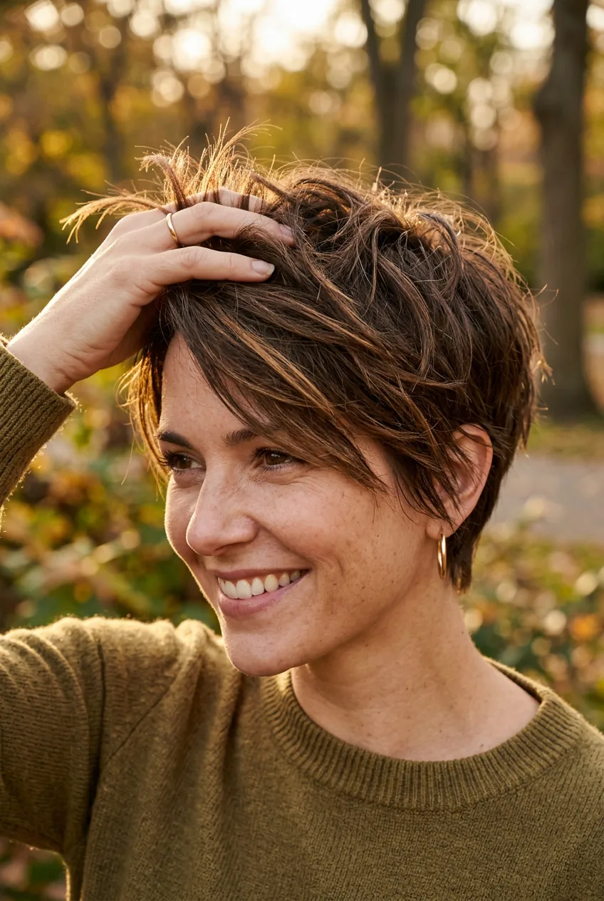 Close-up of woman with textured brunette pixie cut displaying choppy layered styling in natural outdoor light