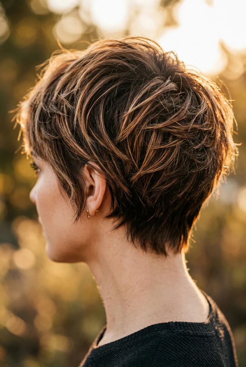 Close-up of textured pixie haircut with choppy piece-y layers and dimensional highlights in golden hour light