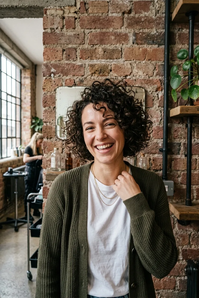 Woman with short textured curls at ear-to-chin length showing volume and natural movement