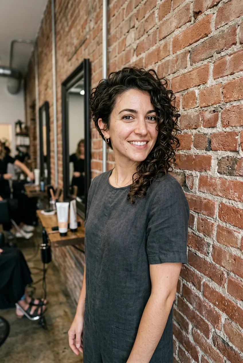 Woman with textured curly bob at chin length displaying natural curl variation and movement in studio lighting