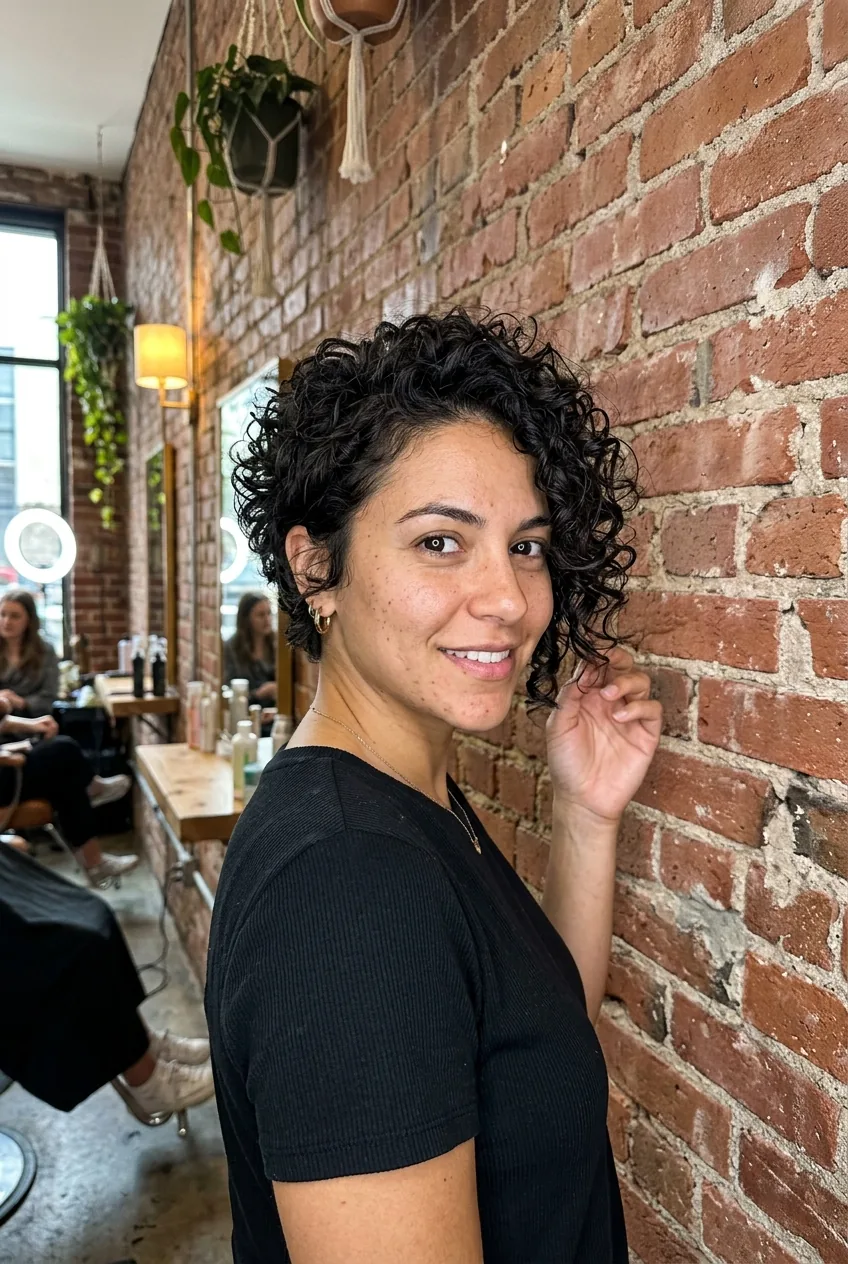 Woman with textured curly pixie cut featuring asymmetrical layers and natural volume at crown
