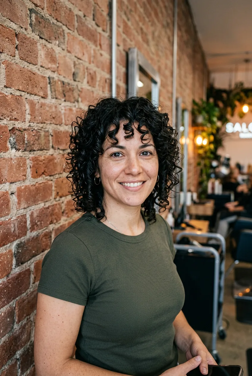 Woman with textured short curly shag cut showing individual spiral curl patterns and layers