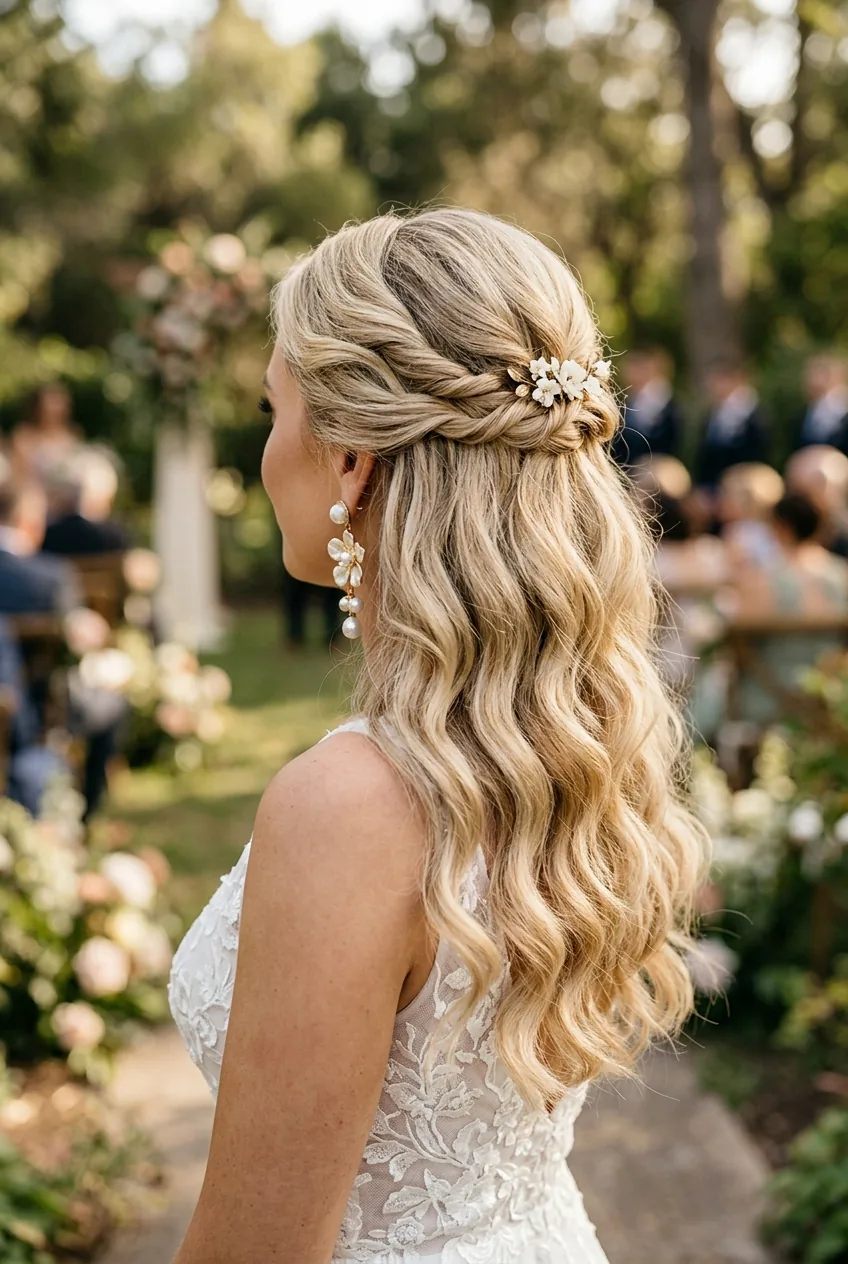 Half-up hairstyle with textured waves and twisted sections meeting at back of head