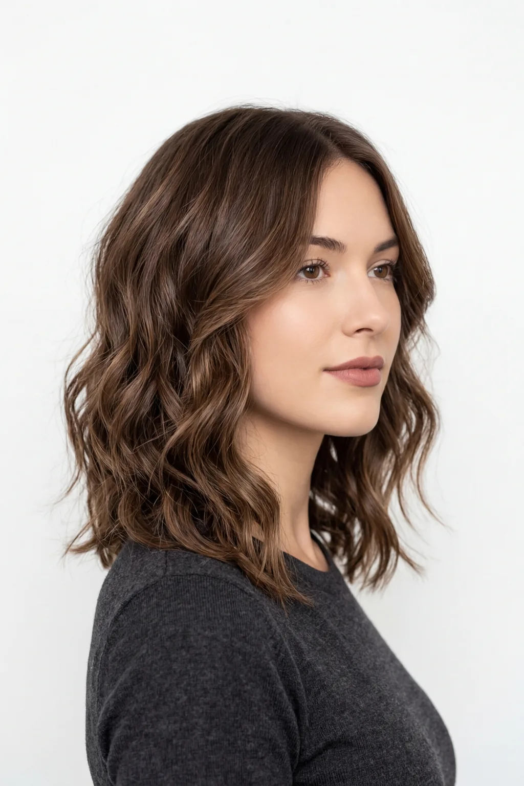 Woman with textured wavy lob featuring face-framing layers starting at cheekbone level