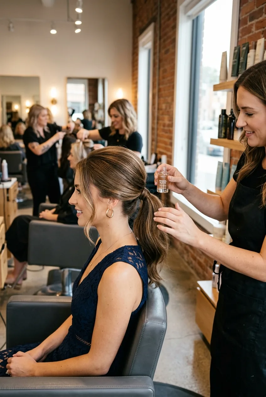 Textured low ponytail at nape with hidden elastic and crown volume for sophisticated wedding guest style