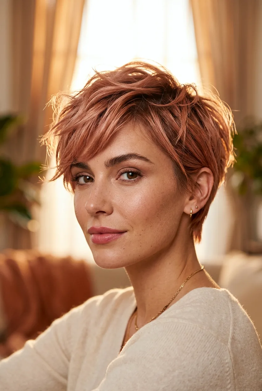 Close-up of textured rose gold pixie cut with piece-y tousled styling in golden hour lighting