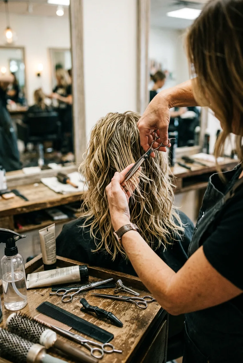 Hair stylist cutting choppy layers into textured shag lob with scissors at professional salon station