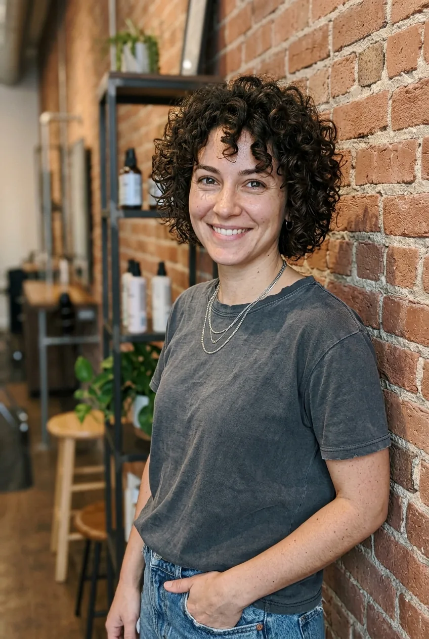 Woman with textured short curly hair showing natural movement and volume without heavy styling