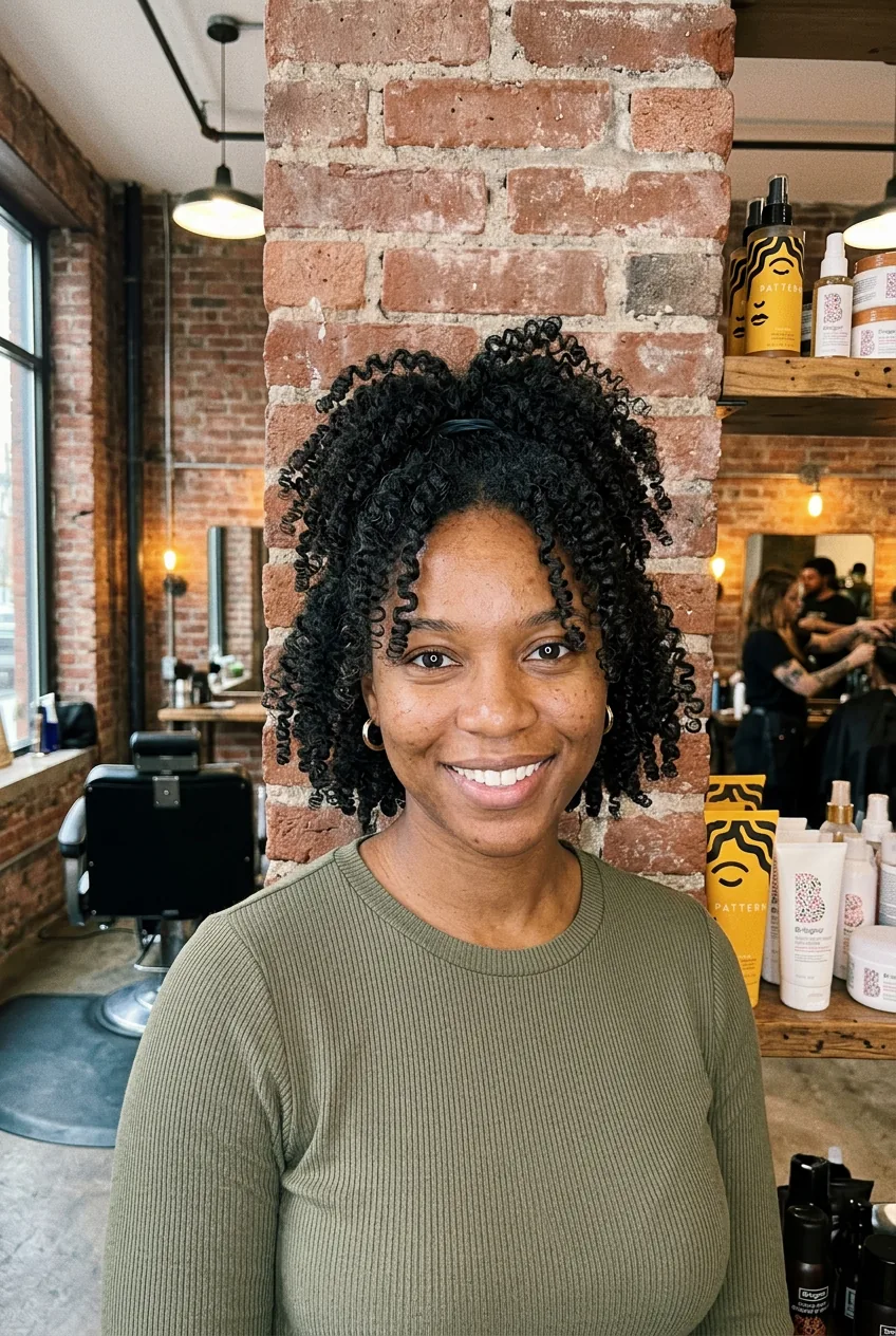 Woman with 3C curl pattern showing defined curls in mid-level ponytail placement