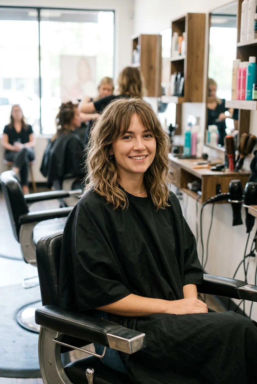 Woman showcasing tousled wavy lob with curtain bangs and effortless texture