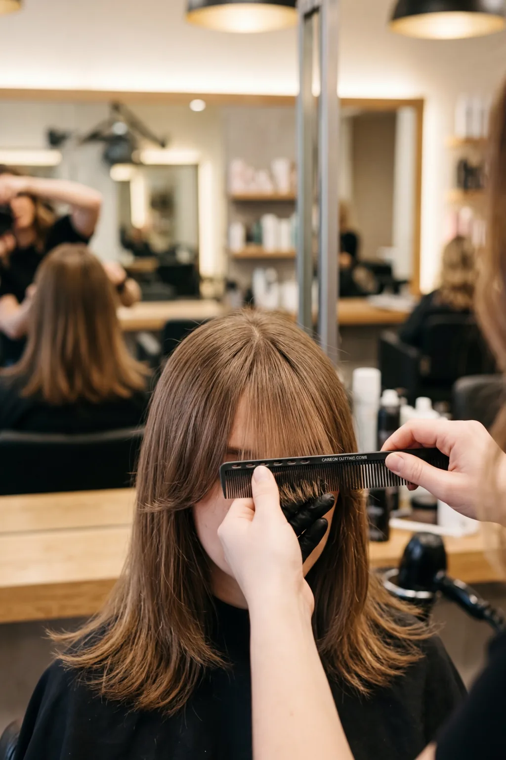 Woman with triangular hair section marked for curtain bangs cutting technique in salon mirror