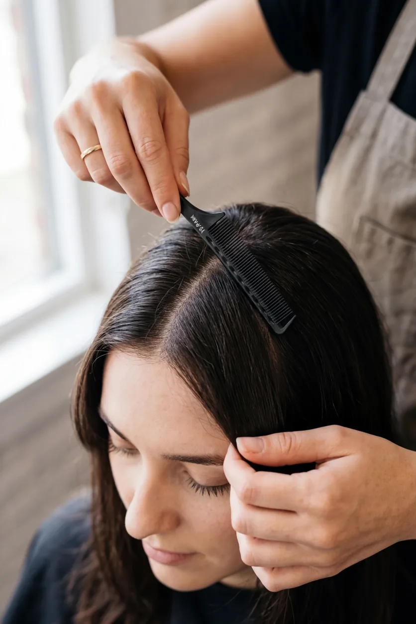 Hands demonstrating triangular hair sectioning method for cutting curtain bangs with fine-tooth comb