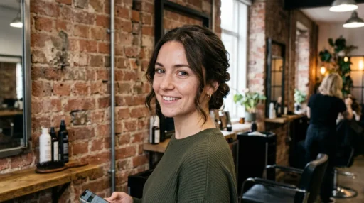 Woman with low twisted chignon updo featuring soft face-framing pieces in natural lighting