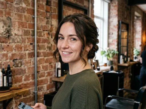 Woman with low twisted chignon updo featuring soft face-framing pieces in natural lighting