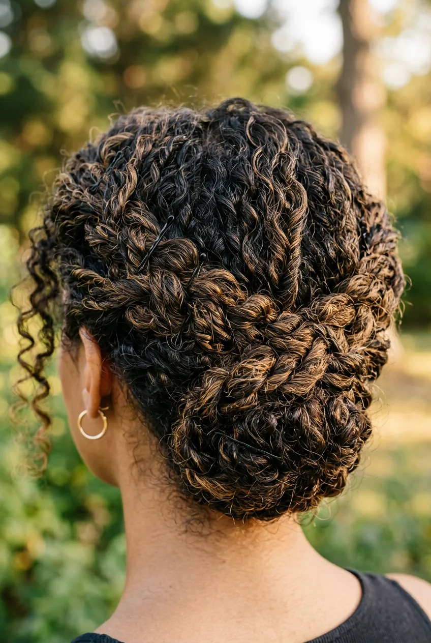Close-up of twisted crown updo technique showing textured curls meeting at back of head