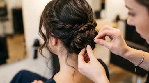 Stylist's hands pinning a twisted section of hair into an elegant updo using bobby pins