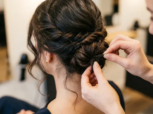 Stylist's hands pinning a twisted section of hair into an elegant updo using bobby pins