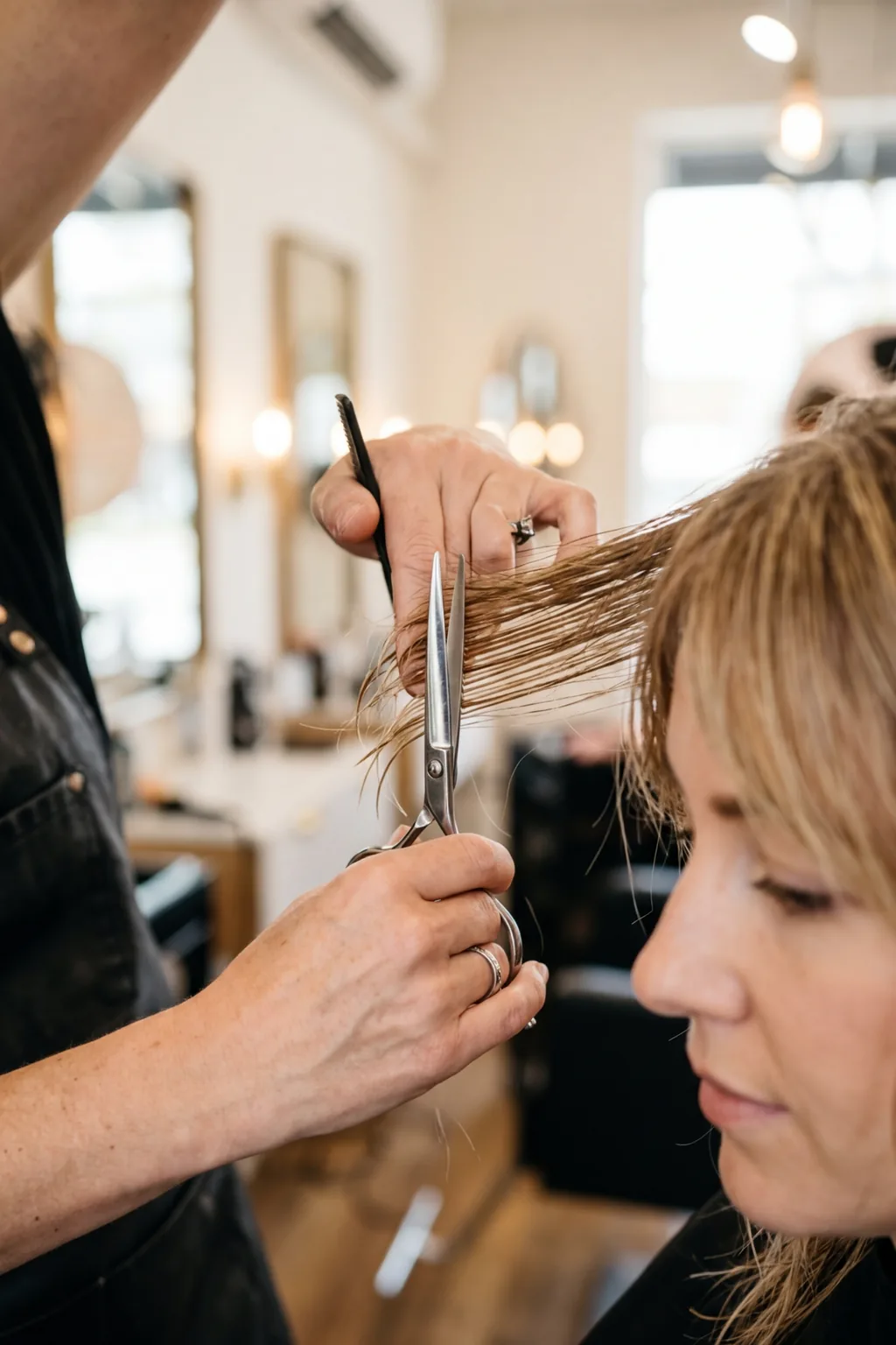 Close-up of hands making vertical cuts into curtain bangs for texture and blending in salon