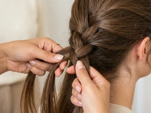 Feminine hands braiding woman's hair with three strands in bright natural lighting