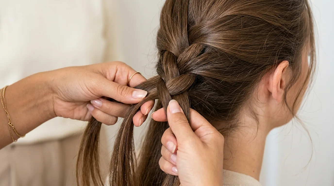 Feminine hands braiding woman's hair with three strands in bright natural lighting