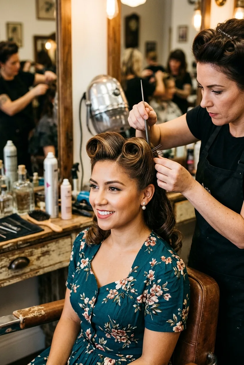 Vintage-inspired victory rolls with front sections rolled away from face in retro glamour styling process