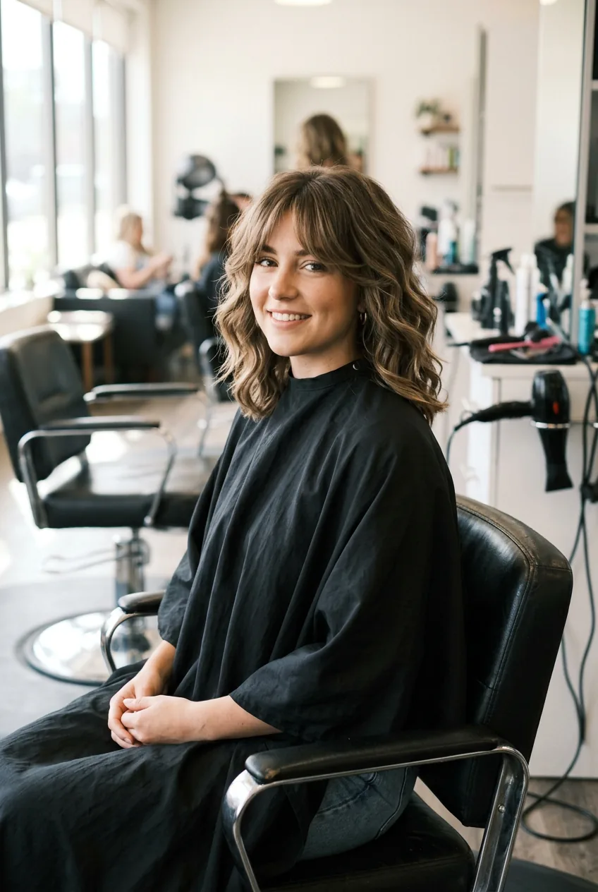 Angled view of voluminous wavy lob with curtain bangs and bouncy wave texture