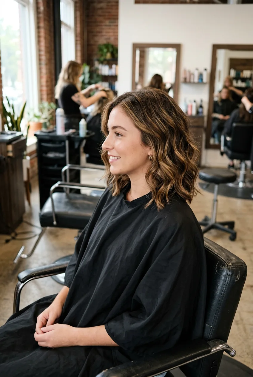 Woman with voluminous wavy lob featuring honey highlights and dimensional color
