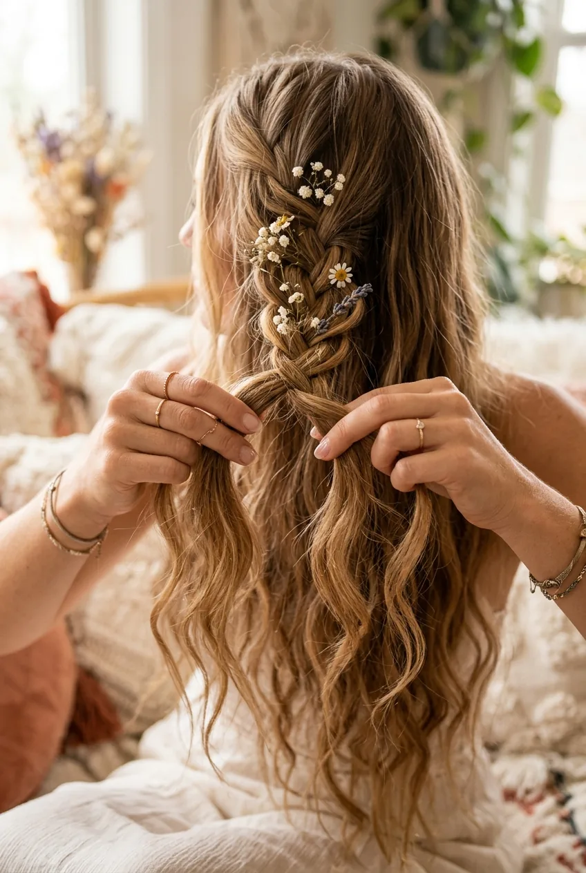 Hands creating waterfall braid with loose cascading strands and small flower accents