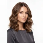 Woman with shoulder-length wavy lob haircut against white studio backdrop showing natural wave texture