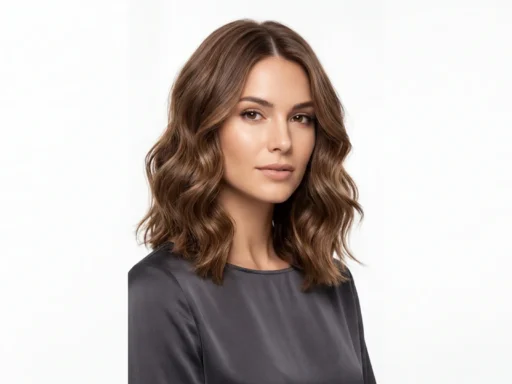 Woman with shoulder-length wavy lob haircut against white studio backdrop showing natural wave texture