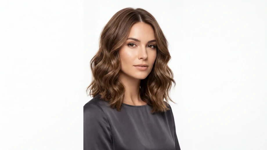 Woman with shoulder-length wavy lob haircut against white studio backdrop showing natural wave texture