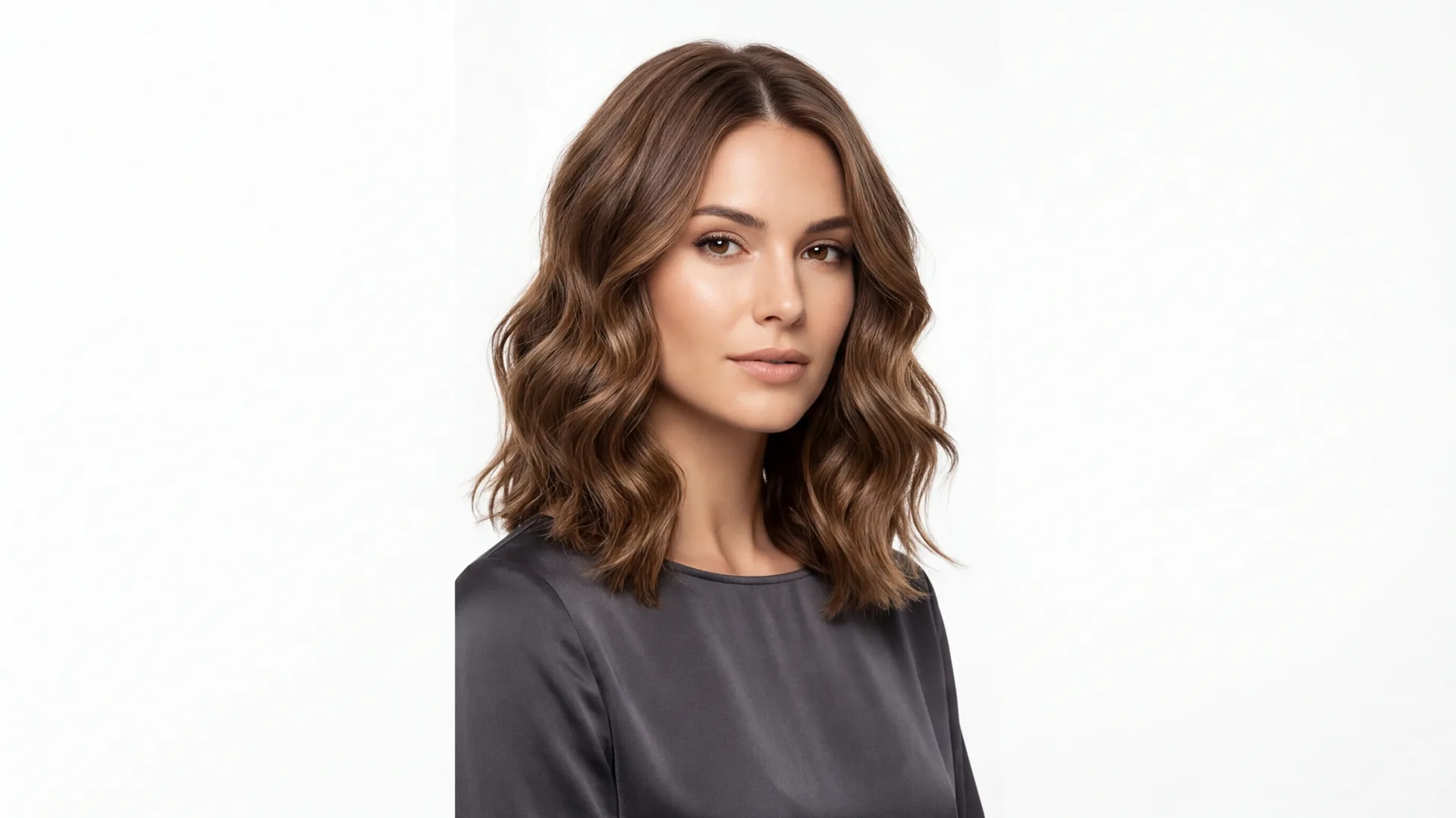 Woman with shoulder-length wavy lob haircut against white studio backdrop showing natural wave texture