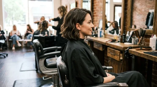 Woman with wavy lob haircut in salon chair showing side profile of textured waves