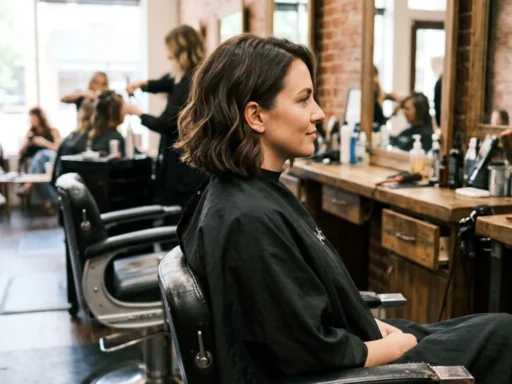Woman with wavy lob haircut in salon chair showing side profile of textured waves