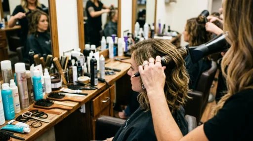 Hair stylist's hands working on a woman's wavy lob haircut at cluttered salon station with professional tools