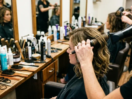 Hair stylist's hands working on a woman's wavy lob haircut at cluttered salon station with professional tools