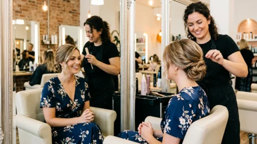 Woman seeing finished wedding guest hairstyle in salon mirror with genuine delighted expression and stylist behind her