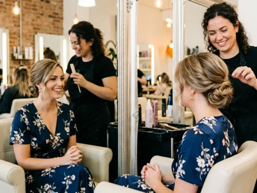 Woman seeing finished wedding guest hairstyle in salon mirror with genuine delighted expression and stylist behind her